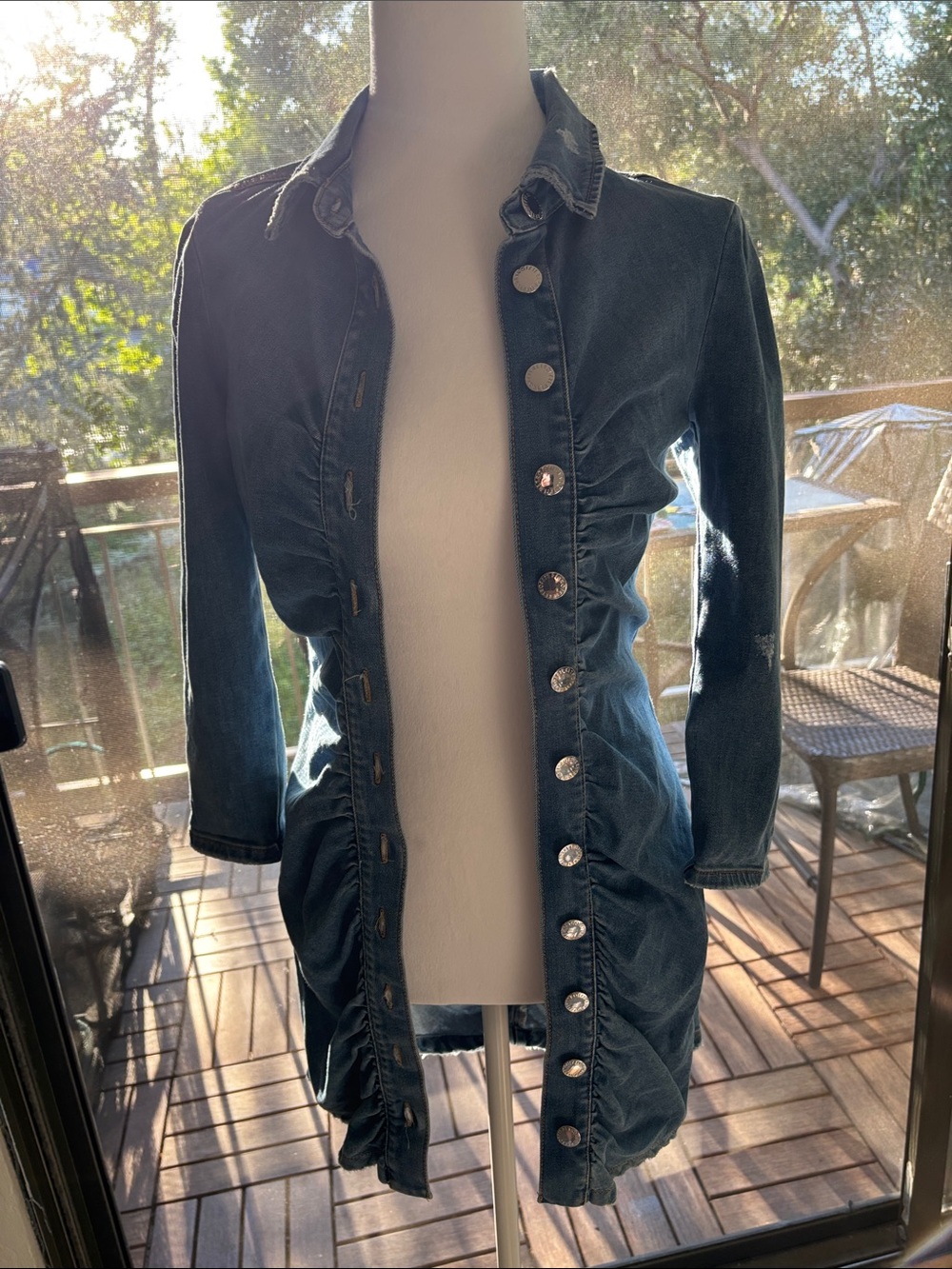 Dark Blue Denim Ruched Button-Front Dress